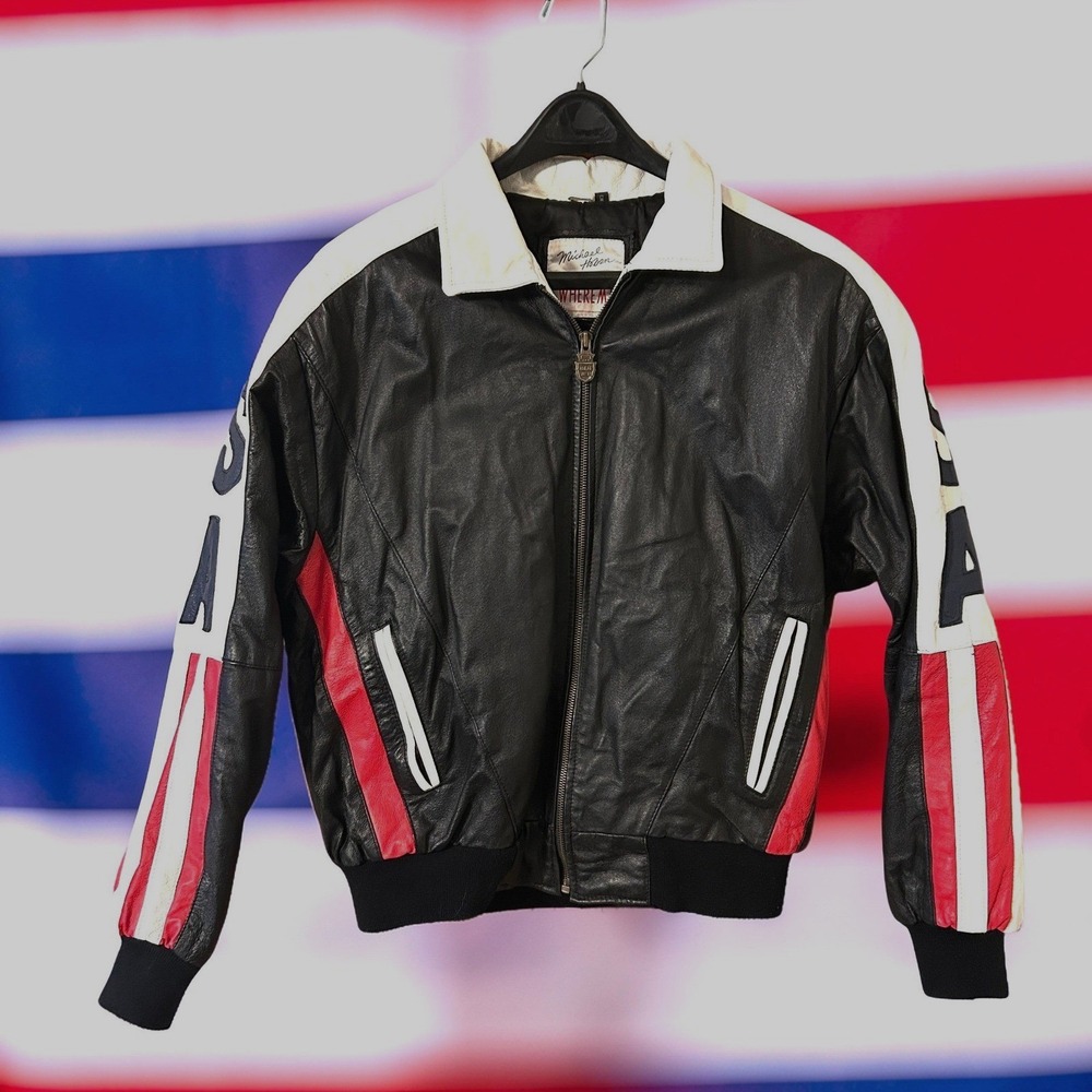 Vintage‎ Michael Hoban WhereMI USA Flag Leather Jacket Large